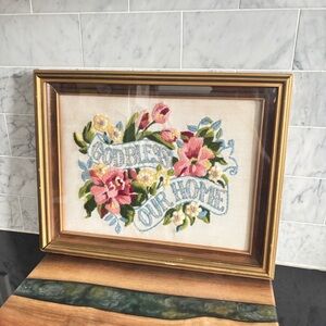 Vintage Framed “God Bless Our Home” Floral Crewel Embroidered Fiber Art